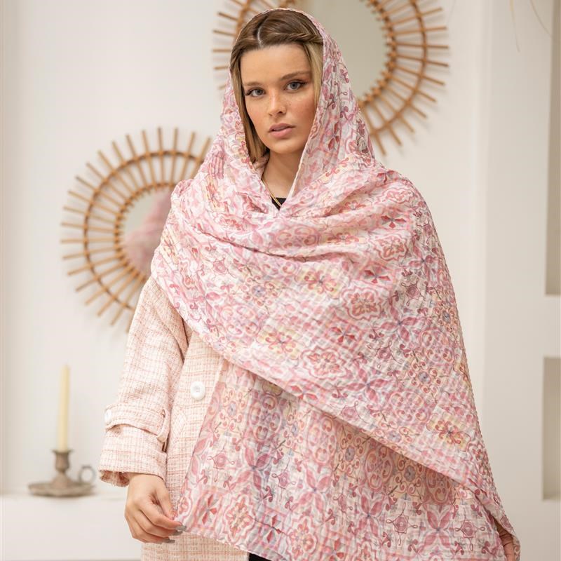 کد 761 شال پلیسه مربعی Pink Moroccan tile mix colors
