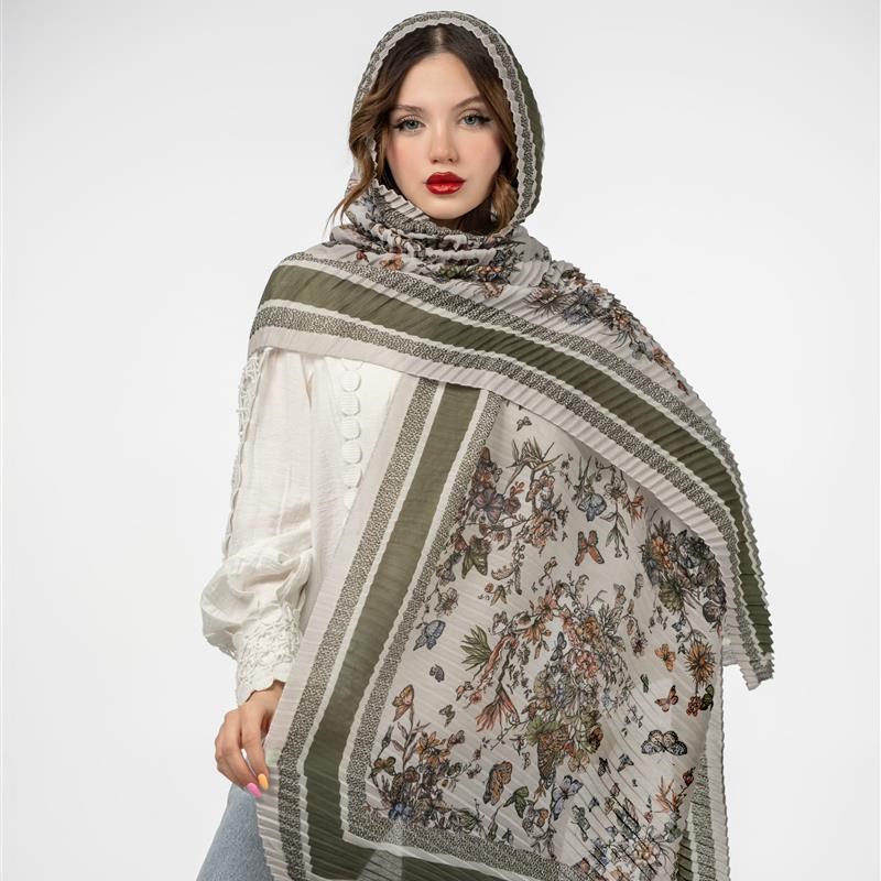 کد 913-شال سبز  پلیسه Un jardin plein de fleurs et mix colors